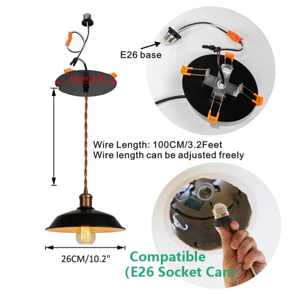Black Shade Retro Brass Base Recessed Light Conversion Kit for E26 Recessed Mount Cans Pendant Light